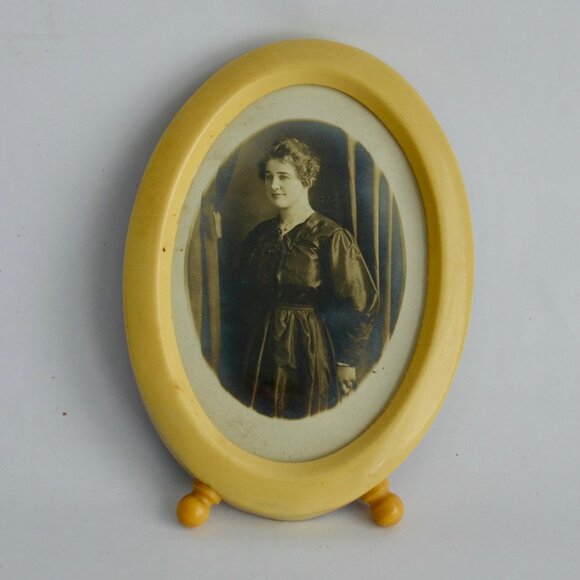 Other - Vintage Celluloid Oval Footed Picture Frame with Antique Photo of Woman in Black